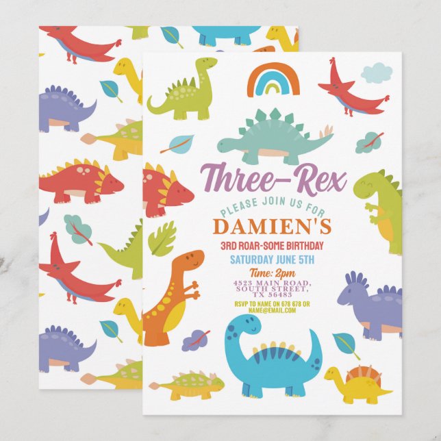 Invitación Fiesta de Tres Dinosaurios Rex Lindos Chicos  (Anverso / Reverso)