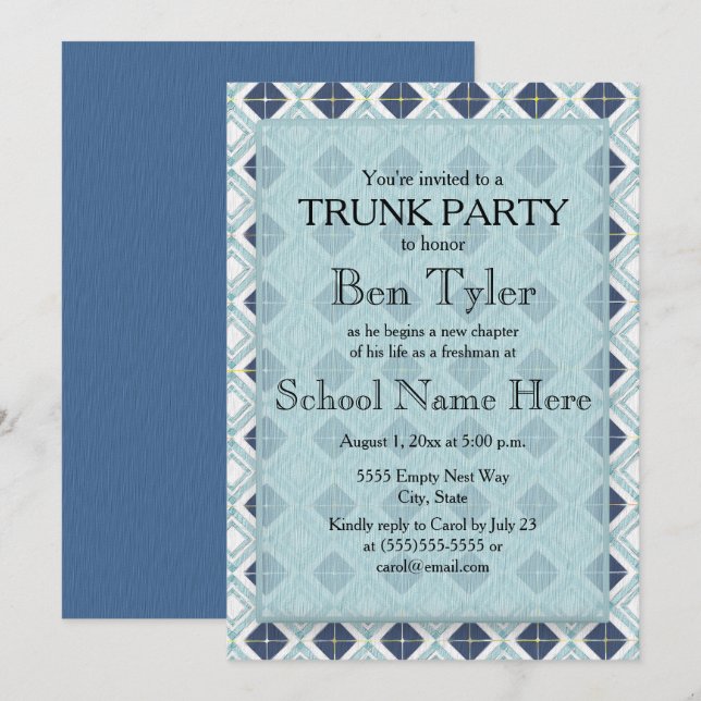Invitación Fiesta de Trunk con Patrón de Diamante Azul Marino (Anverso / Reverso)