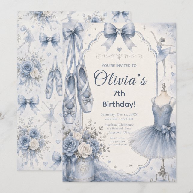 Invitación Fiesta de Tutú de Ballet Azul (Anverso / Reverso)