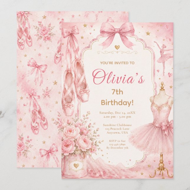 Invitación Fiesta de Tutú de Ballet Rosa (Anverso / Reverso)