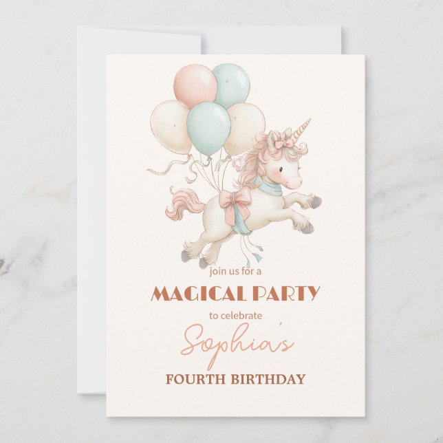 Invitación Fiesta de Unicornio Caprichoso y Globos (Anverso)