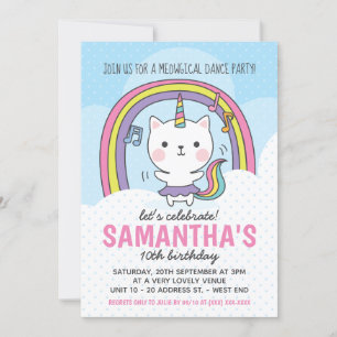 Invitación Fiesta de Unicornio Gato Caticorn Bailarina