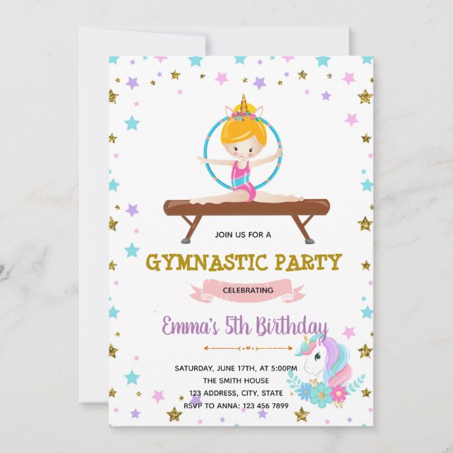 Invitación Fiesta de unicornio gimnástico (Anverso)