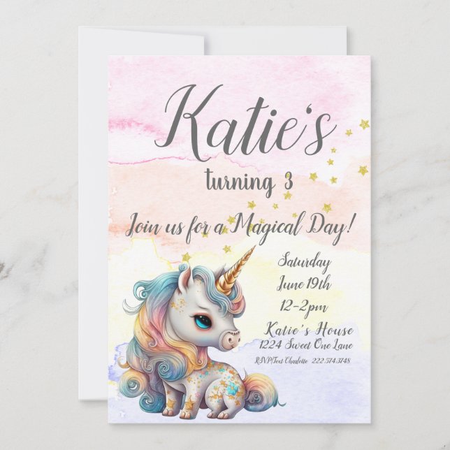 Invitación Fiesta de Unicornio, tercer cumpleaños de Unicorn (Anverso)