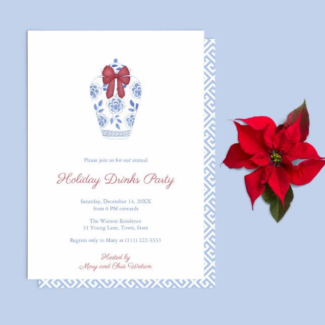 Invitación Fiesta de vacaciones clásicas de jarrón rojo Bow (Elegant Holiday Drinks Party invitation featuring a watercolor ginger jar with festive red bow)