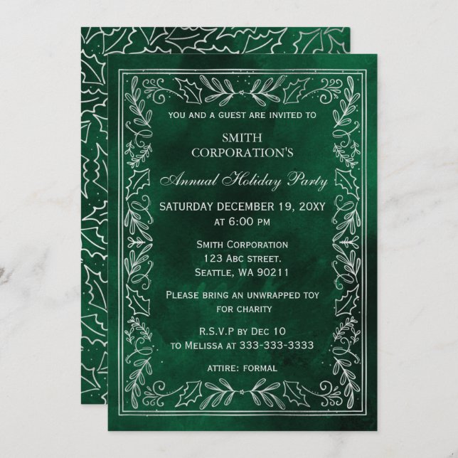 Invitación Fiesta de vacaciones con elegancia de plata verde (Anverso / Reverso)