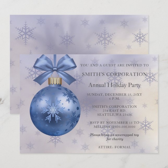 Invitación Fiesta de vacaciones corporativa de honor azul (Anverso / Reverso)