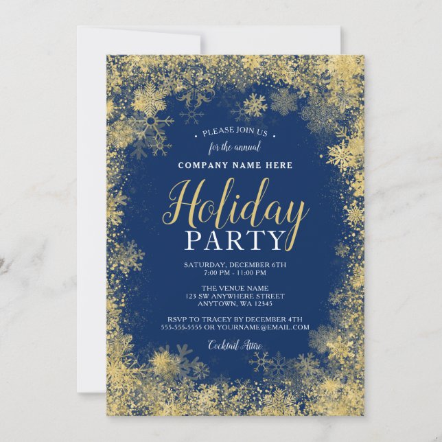Invitación Fiesta de vacaciones corporativas Blue Gold Snowfl (Anverso)
