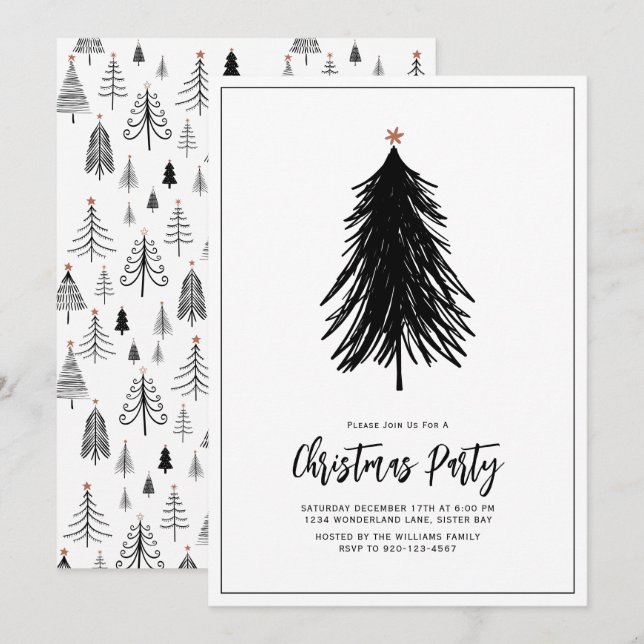 Invitación Fiesta de vacaciones de árbol blanco negro simple  (Anverso / Reverso)