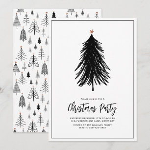 Invitación Fiesta de vacaciones de árbol blanco negro simple