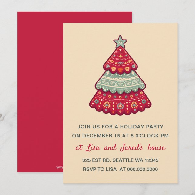 Invitación Fiesta de vacaciones de árbol de Navidad con patró (Anverso / Reverso)