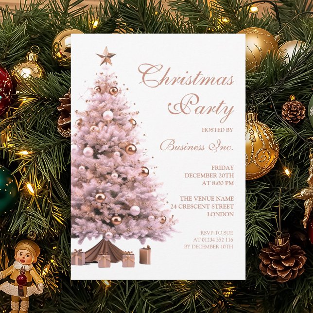 Invitación Fiesta de vacaciones de árbol de Navidad con Rosa  (Corporate Rose Gold Christmas Tree Holiday Party Invitation)