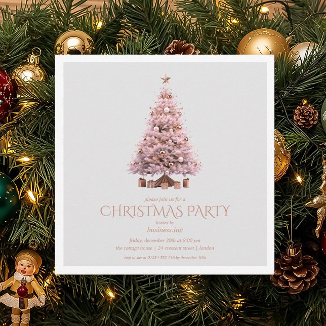 Invitación Fiesta de vacaciones de árbol de Navidad con Rosa  (Corporate Rose Gold Christmas Tree Holiday Party Invitation)