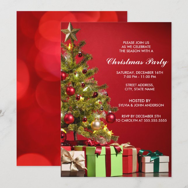 Invitación Fiesta de vacaciones de árbol de Navidad rojo mode (Anverso / Reverso)
