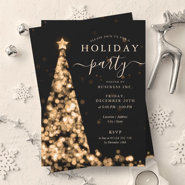 Invitación Fiesta de vacaciones de Black Christmas Tree (Gold Black Christmas Tree Company Holiday Party Invitation)