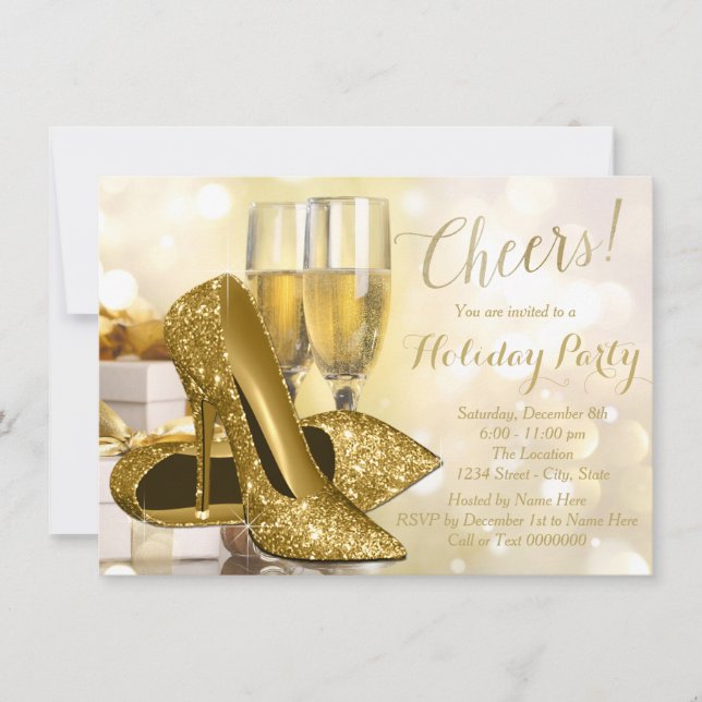 Invitación Fiesta de vacaciones de Champagne con tacón alto d (Anverso)