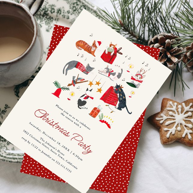 Invitación Fiesta de vacaciones de gatos de Navidades curados (Cute Cat Kitten Christmas Holiday Party Invitation)