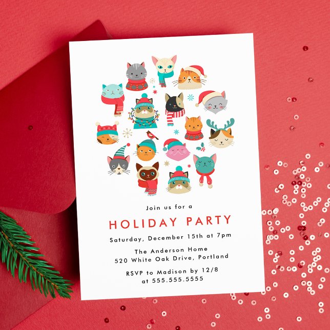 Invitación Fiesta de vacaciones de gatos de Navidades curados (Subido por el creador)