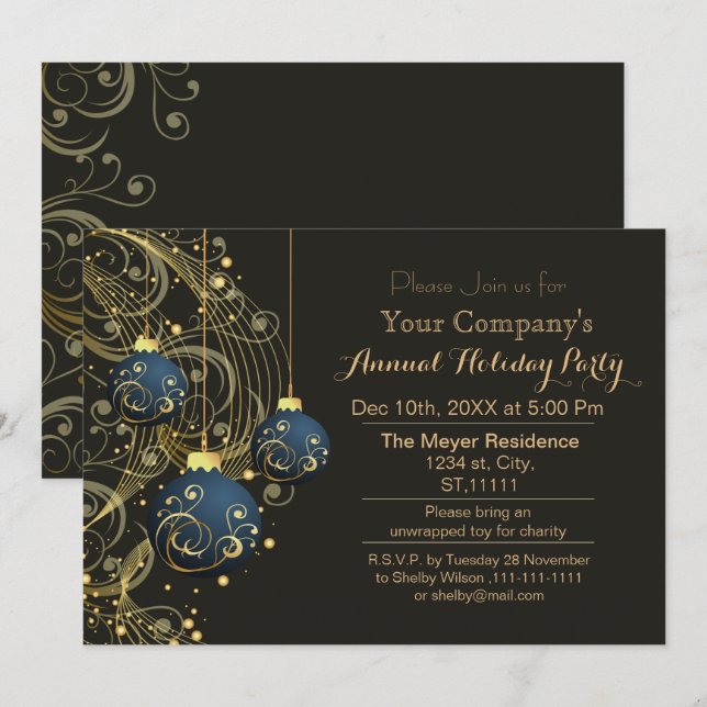 Invitación Fiesta de vacaciones de Gold Festimes Corporate (Anverso / Reverso)