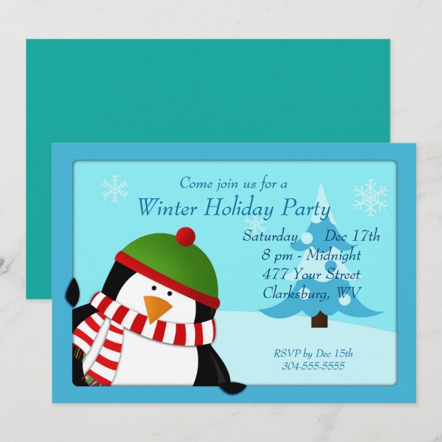 Invitación Fiesta de vacaciones de invierno en Pingüino (Anverso / Reverso)