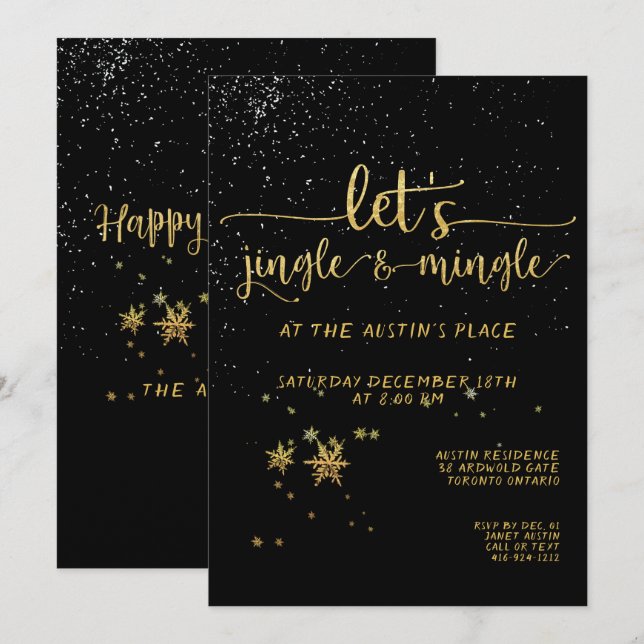 Invitación Fiesta de vacaciones de jingle mingle Black Gold p (Anverso / Reverso)