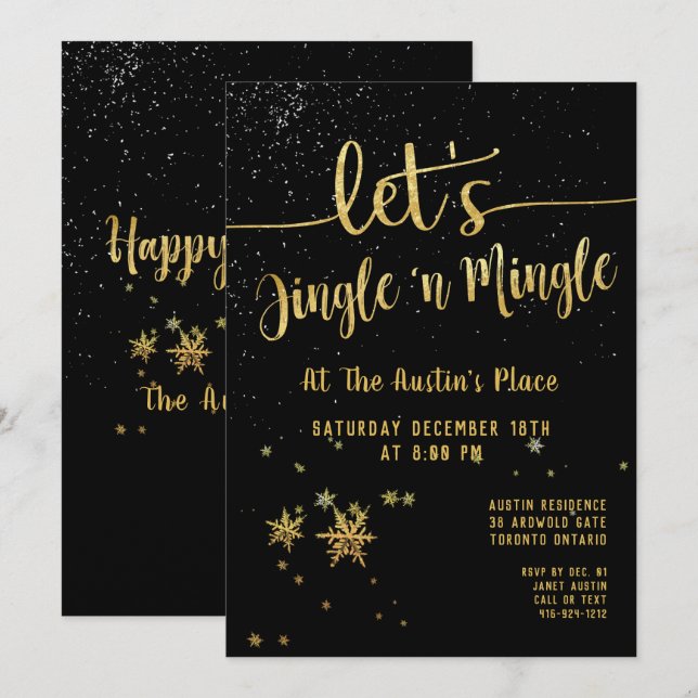 Invitación Fiesta de vacaciones de jingle mingle Black Gold p (Anverso / Reverso)