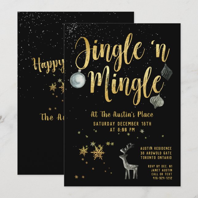 Invitación Fiesta de vacaciones de jingle mingle Black Gold p (Anverso / Reverso)