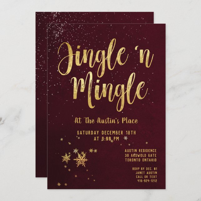 Invitación Fiesta de vacaciones de jingle Mingle Red Gold (Anverso / Reverso)