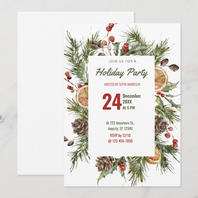 Invitación Fiesta de vacaciones de la acuarela Holly y Pine (Anverso / Reverso)