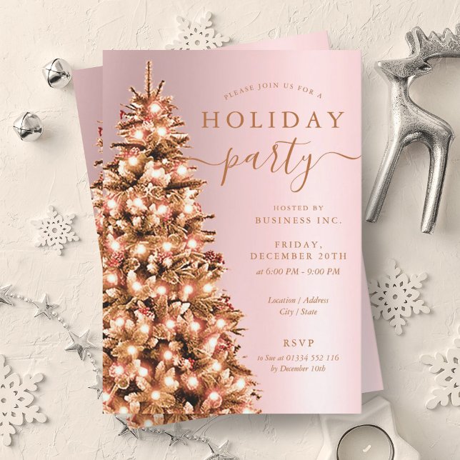 Invitación Fiesta de vacaciones de la Compañía de Árboles de  (Festive Rose Gold Xmas Tree Company Holiday Party Invitation)