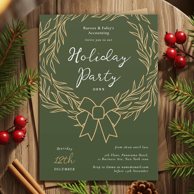 Invitación Fiesta de vacaciones de la compañía Green & Gold W (Modern minimal greenery wreath Business Holiday Party Invitation in green and gold)