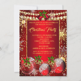 Invitación Fiesta de vacaciones de los Navidades de oro rojo 