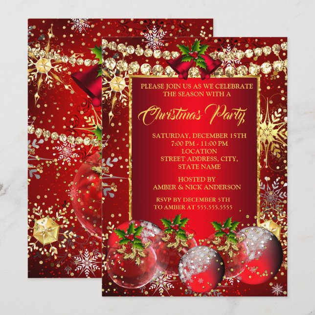 Invitación Fiesta de vacaciones de los Navidades de oro rojo  (Anverso / Reverso)