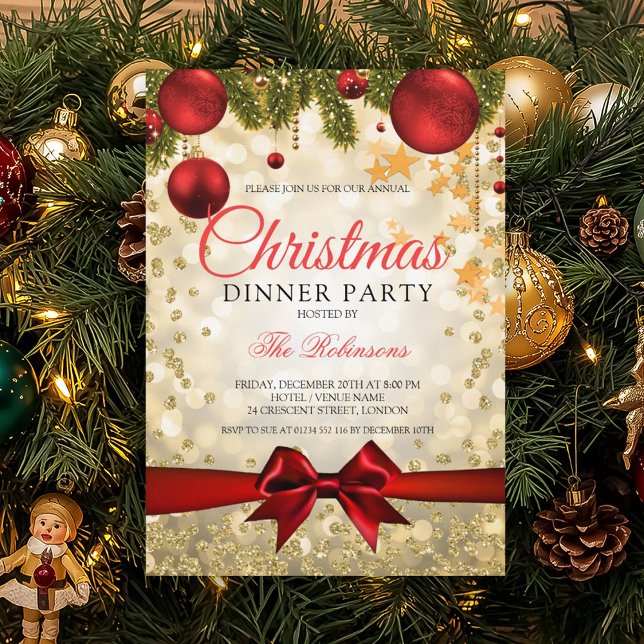 Invitación Fiesta de vacaciones de los Navidades de oro rojos (Red Gold Christmas Holiday Party Invitation)