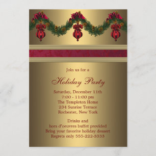 Invitación Fiesta de vacaciones de los Navidades de oro rojos