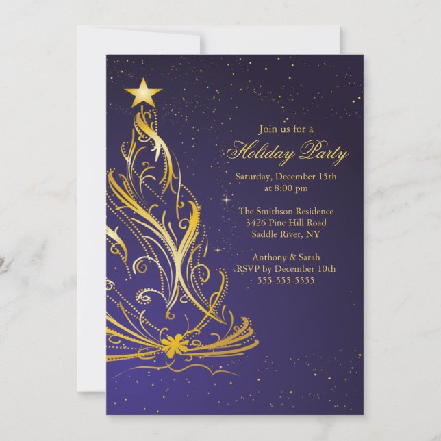 Invitación Fiesta de vacaciones de los Navidades de oro y azu (Anverso)
