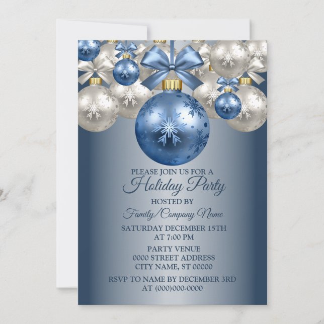 Invitación Fiesta de vacaciones de los Ornamentos blancos azu (Anverso)