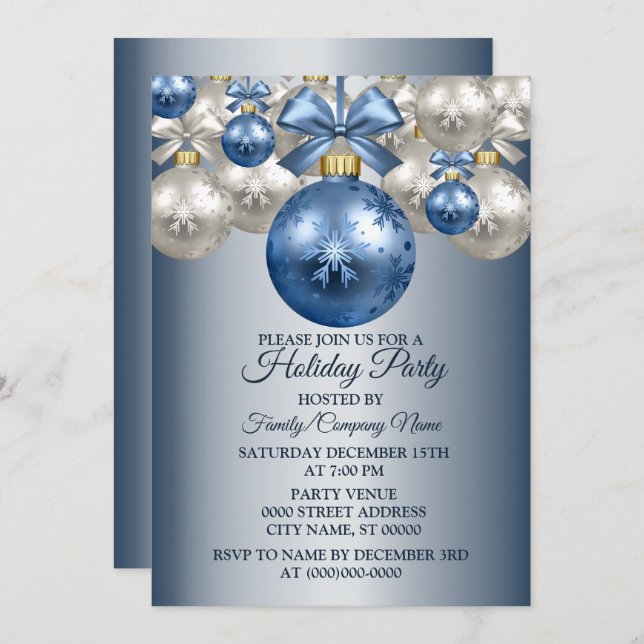 Invitación Fiesta de vacaciones de los Ornamentos blancos azu (Anverso / Reverso)