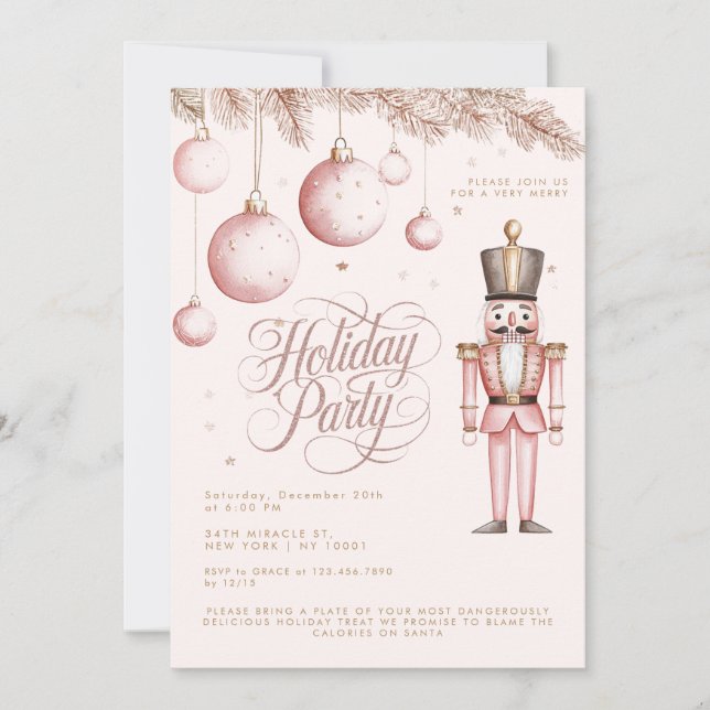 Invitación Fiesta de vacaciones de los Ornamentos de Oro Rosa (Anverso)