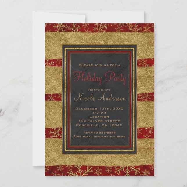Invitación Fiesta de vacaciones de mármol rojo moderno y copo (Anverso)