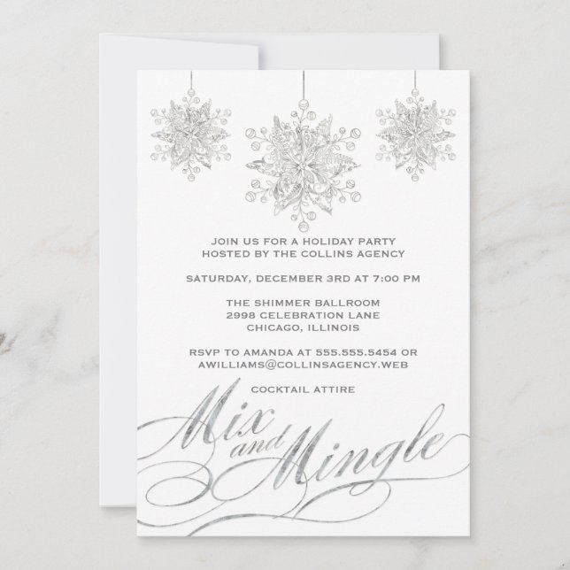 Invitación Fiesta de vacaciones de mezcla blanca y plata (Anverso)