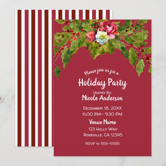 Invitación Fiesta de vacaciones de Navidad Holly Berry Floral (Anverso / Reverso)