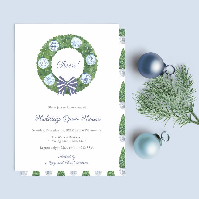 Invitación Fiesta de vacaciones de Navidades blancos azules d (Cheers! Blue And White Chinoiserie Baubles on simple greenery wreath with blue and white bow)