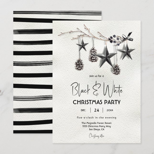 Invitación Fiesta de vacaciones de Navidades blancos y negros (Anverso / Reverso)