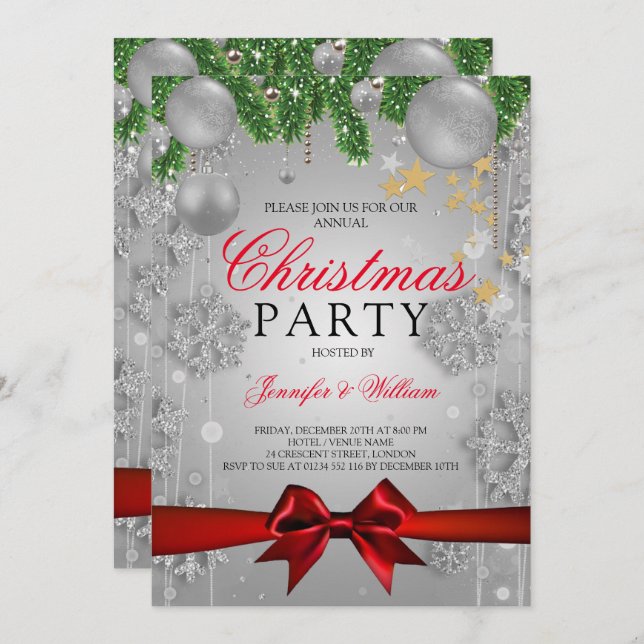 Invitación Fiesta de vacaciones de Navidades de Glam Rojo y P (Anverso / Reverso)