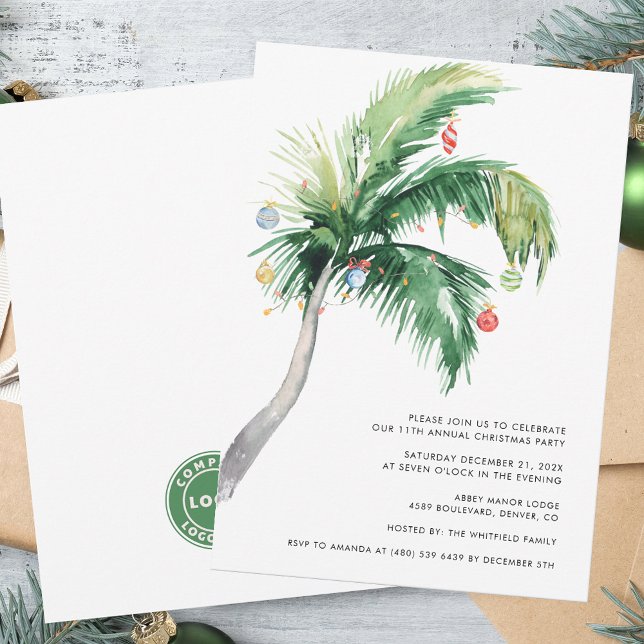Invitación Fiesta de vacaciones de Navidades de negocios (Business Logo Christmas Office Party Invitation with Decorated Palm Tree)