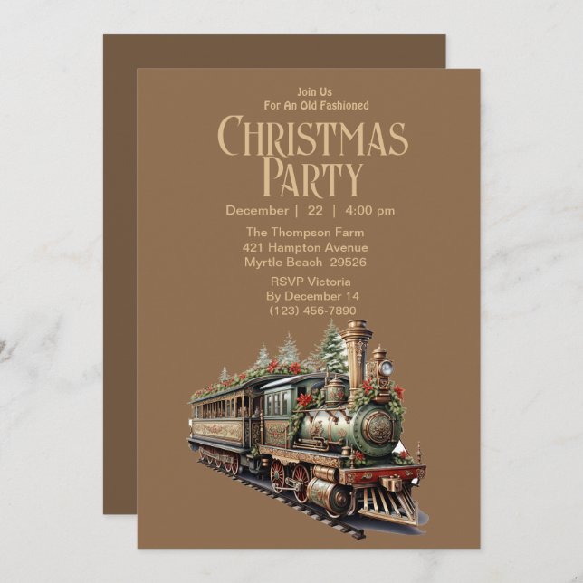 Invitación Fiesta de vacaciones de Navidades de trenes de épo (Anverso / Reverso)