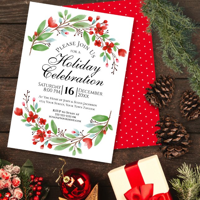 Invitación Fiesta de vacaciones de Navidades florales de colo (In Situ Front/Back)