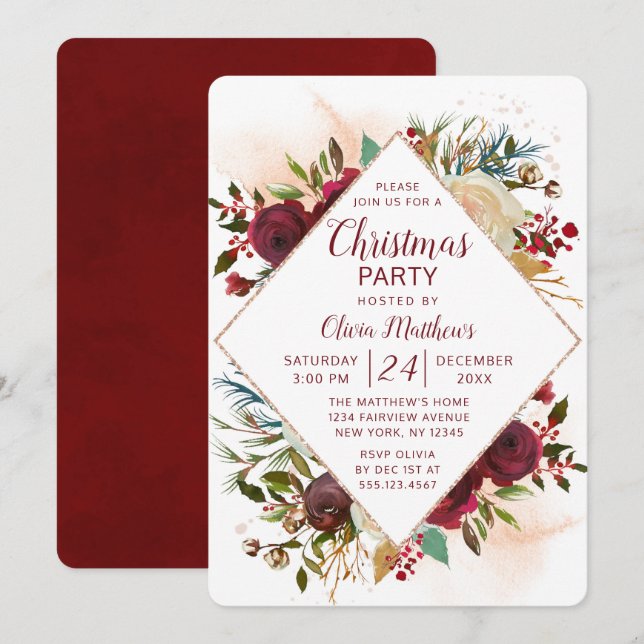 Invitación Fiesta de vacaciones de Navidades florales de Mist (Anverso / Reverso)