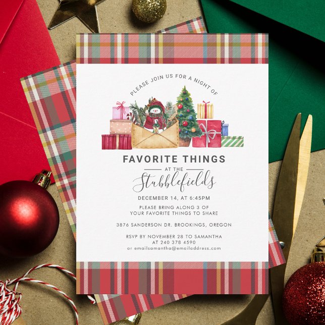 Invitación Fiesta de vacaciones de Navidades invitados cosas  (Plaid Rustic Christmas Favorite Things Gathering Invitation)
